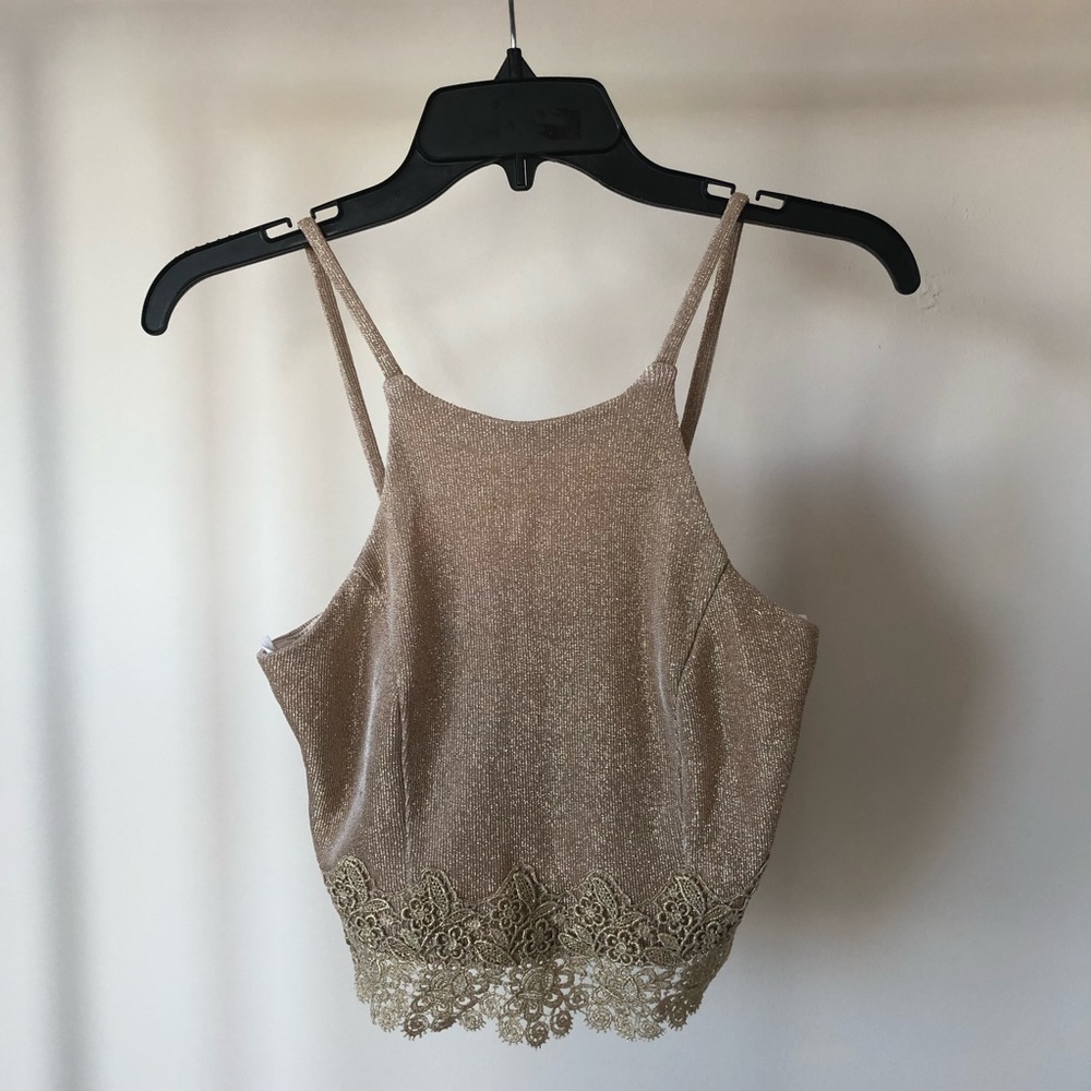 Sparkly Gold Cropped Tank Top w/ Flower Appliqué